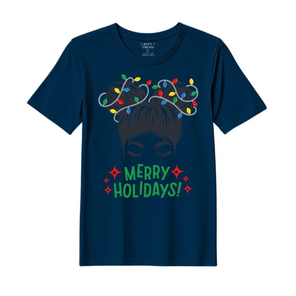 BYFT Threads XXL Navy Blue Polycotton T-Shirt - Christmas "Merry Holidays" Printed Design, Premium Holiday Collection