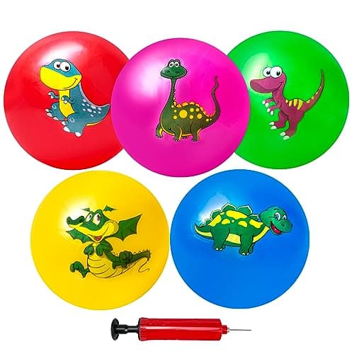 Hymaz 9 Inch 5 Pcs Bouncy Balls for Toddlers, Rubber Inflatable Bouncy Ball for Kids Ball Games, Soft Dinosaurs Sensory Balls with Pump for Indoor Outdoor Beach Playground Backyard Pool Class Games