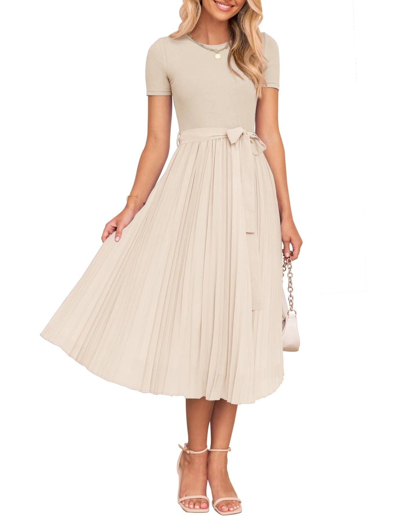 ZESICA Womens 2025 Summer Short Sleeve Midi Dresses Casual Crew Neck Knit Belted Pleated A Line Flowy Wedding Guest DressApricotSmall