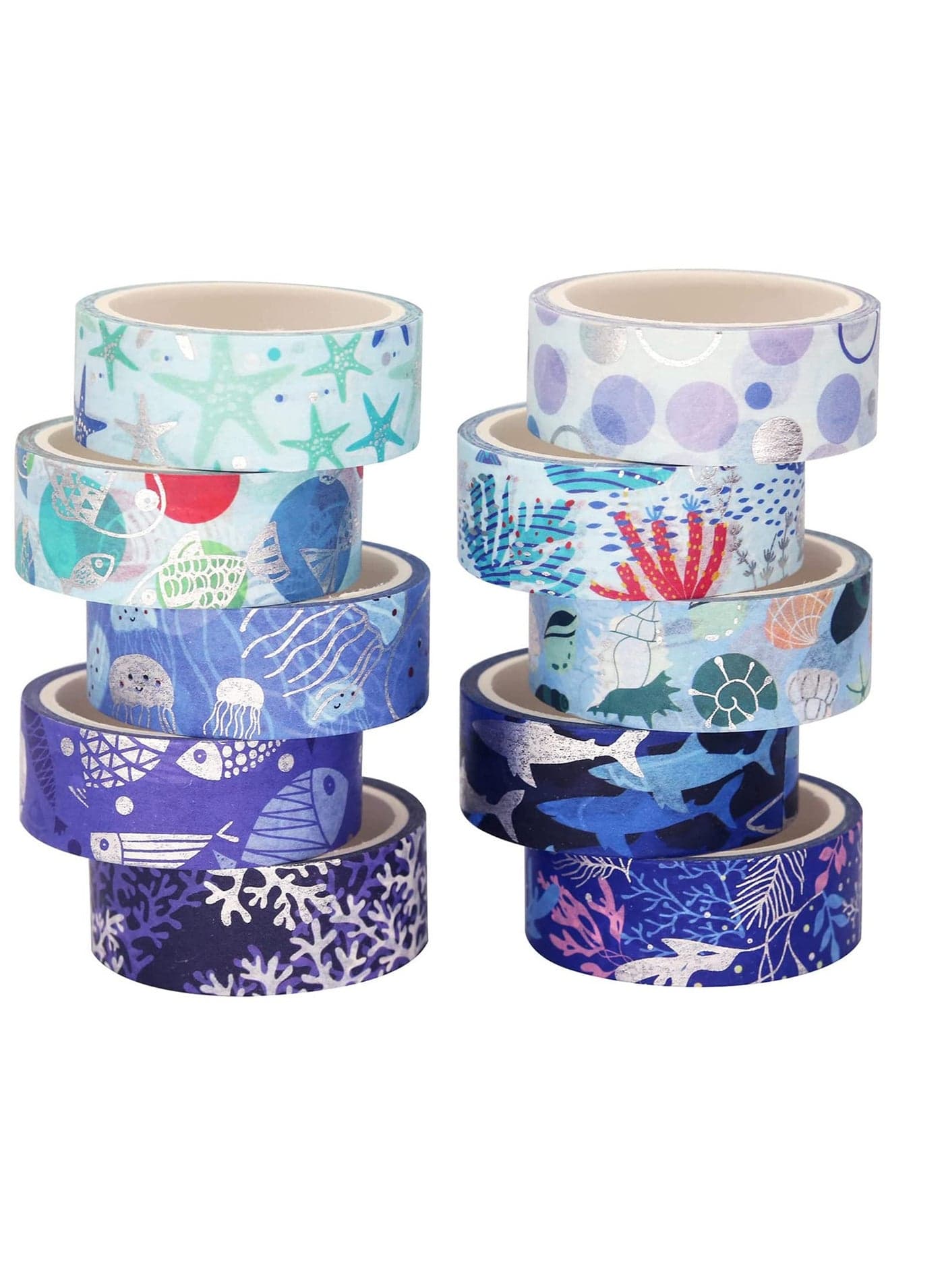 Ocean Blue Washi Tape Set 10 Rolls Silver Foil Print Decorative Masking Tapes for Arts, DIY Crafts, Bullet Journals, Planners, Scrapbook, Wrapping (Navy Silver)