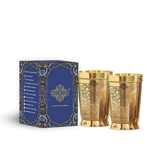 INDIAN ART VILLA Pure Brass Glass Tumbler with Embossed Design, for Drinking Serving Water, Yoga & Ayurveda, Volume-270 ML, Set of 2