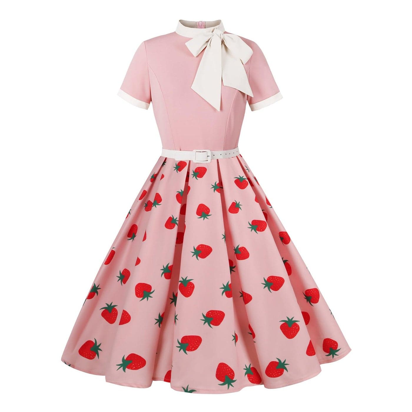 IWEMEK Women 1950s Vintage Floral Cocktail Swing Dress 50s 60s Short Sleeve Audrey Hepburn Rockabilly Prom Dress Spring Garden Flare A line Homecoming Tea Party Dress Pinkstrawberry S
