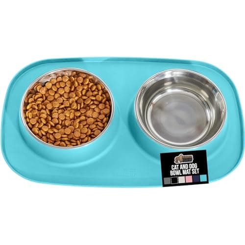 GORILLA GRIP Feeding Mat Bowl Set 100 Waterproof BPA Free Silicone 304 Stainless Steel Cat and Dog Bowls for Food and Water Slip Resistant High Edge US Designed Patent Pending 1 Cup Turquoise