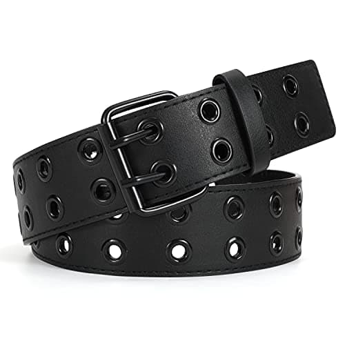 WERFORU Grommet Leather Belt, Women Men Black Belt with Double Studded Holes