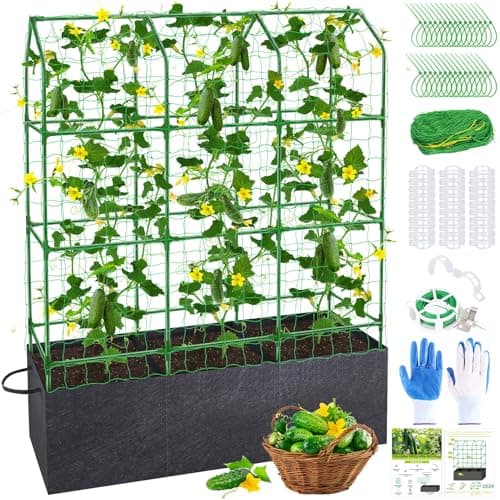 50x65x18 Inch Cucumber Trellis for Raised Bed with 46 Gallon Grow Bags Garden Trellis for Climbing Plants Outdoor with Climbing Net and Plant Support for Cucumber Tomato Vegetable Grape Vine
