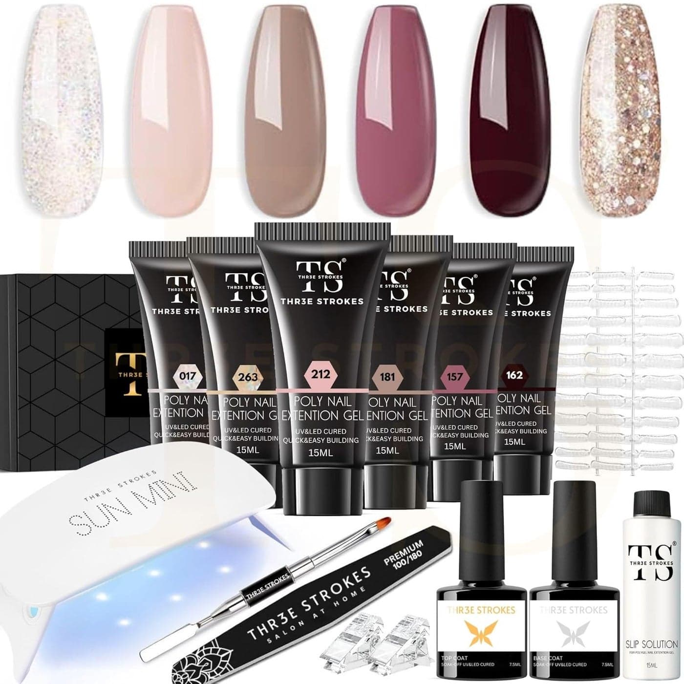 THR3E STROKES Poly Nail Gel Extension Kit for Builder Gel UV Nail Art Kit Nail Extension Set Nude Pink White 62 Items in the set MINIMUM 180S TO DRYBEGGINERS KIT 2