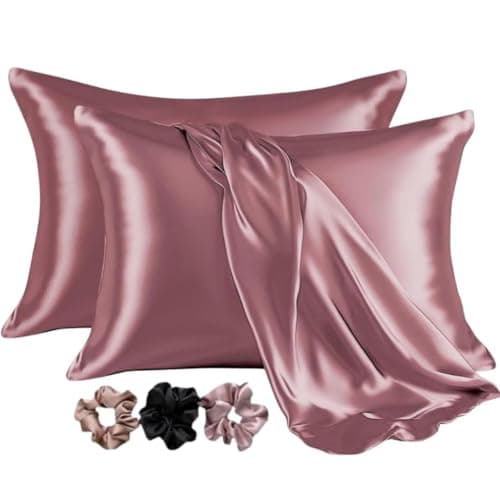 GO WELL Solid Satin Silk Pillow Covers Pack of 2 for Hair and Skin-with Satin Scrunchies |Satin Pillow coves for Hair and Skin|scrunchies for Women 3-Piece|Silk Pillow case (Gold Rose) 800Tc