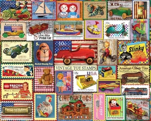 White Mountain 1000 Piece Jigsaw Puzzle Nostalgic Toy Collage Puzzles with Large Pieces Gift for Adults and Familt 24x30 Vintage Toy Stamps