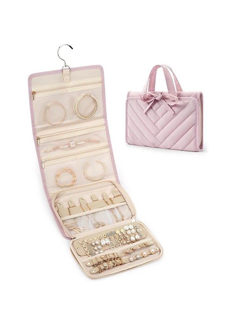 Large Capacity Foldable Portable Jewelry Bag - Fashionable Hook-Attached Jewelry Storage Pouch Multifunctional Cosmetic Bag (Suitable for Travel / Home Jewelry and Cosmetics Organization)