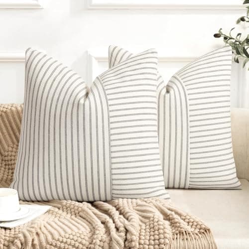 Farmhouse Pillow Covers 22x22, Modern Accent Square Throw Pillow Covers Set of 2, Gray and Beige Striped Patchwork Linen Decorative Pillows Cushion Covers for Couch Chair Bedroom Fall Decorations