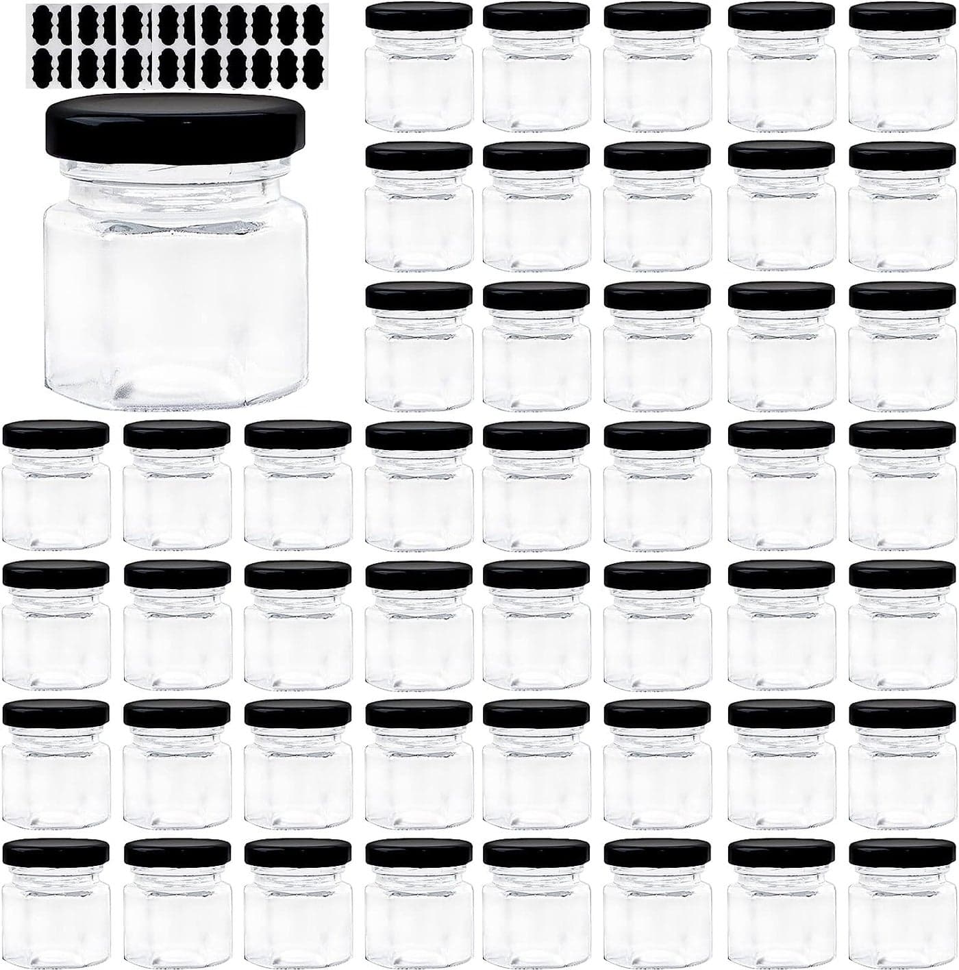 ARUZEN 15 OZ Mini Hexagon Glass Jars 48 Pack Empty Honey Jars Small Spice Jars with Black Lids and 50pcs Labels for Jam Homemade Projects Gifts Wedding Party Favors