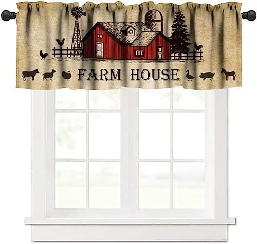 JanJCurt Rustic Kitchen Curtain Valance, Farmhouse Animal Cow Pig Chicken Window Valance, Western Country Style Window Treatment Valance for Living Room,54x18in