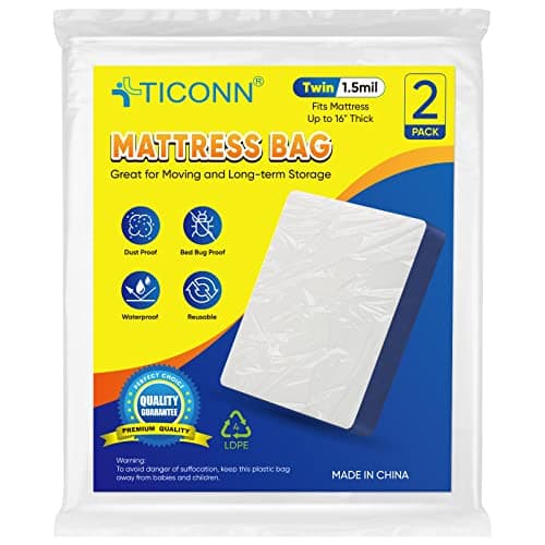 TICONN 2PK Plastic Mattress Bag for Moving Storage, Waterproof Mattress Protector Cover, Heavy-Duty Mattress Moving Supplies (1.5 mil, Twin)