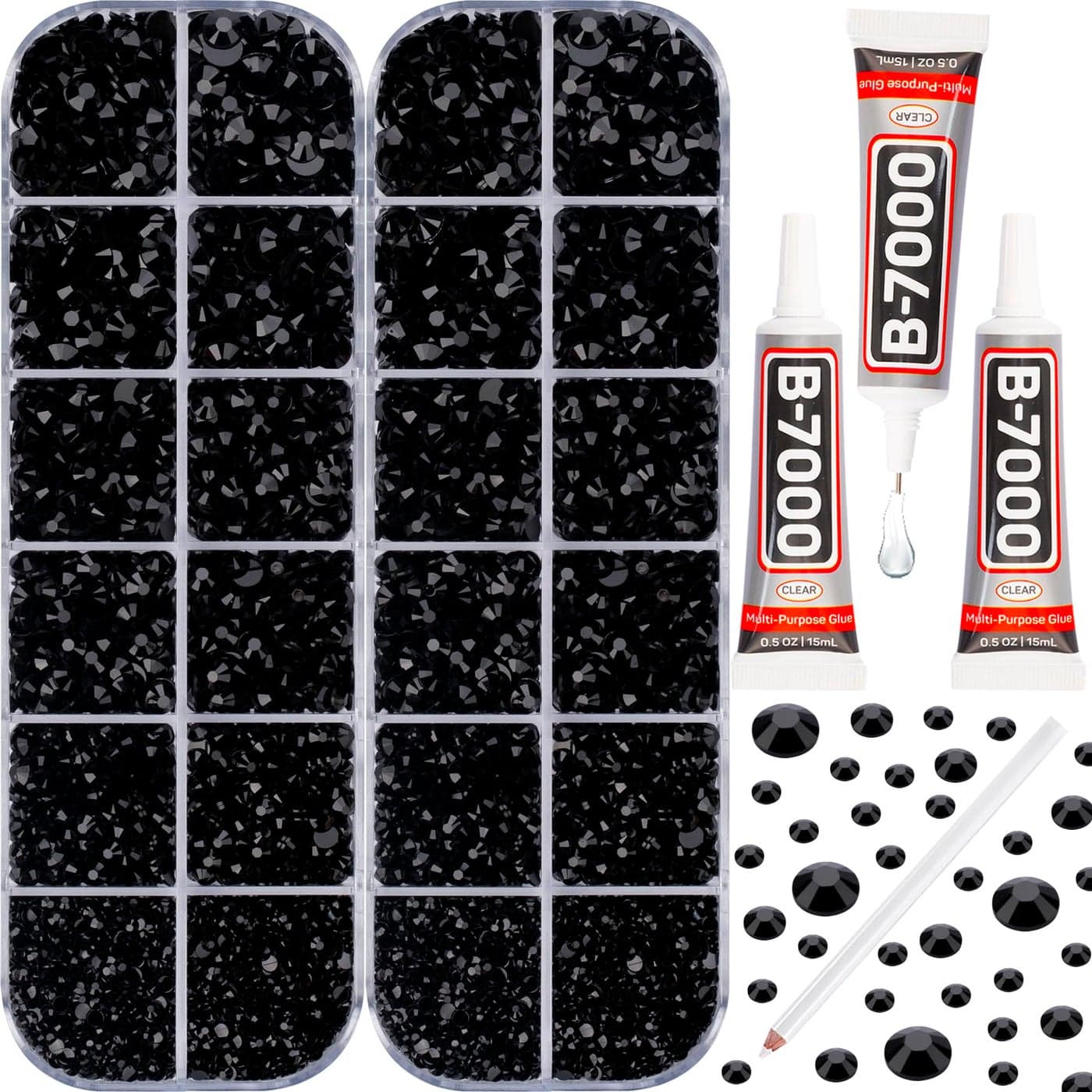 B7000 Adhesive Glue with 11000Pcs Black Rhinestones for Crafts Clothes Flatback Gems for Clothing Fabric Nails Shoes Tumblers Flat Back Rhinestone Bejeweled Bling Kit Jewels with Wax Picker