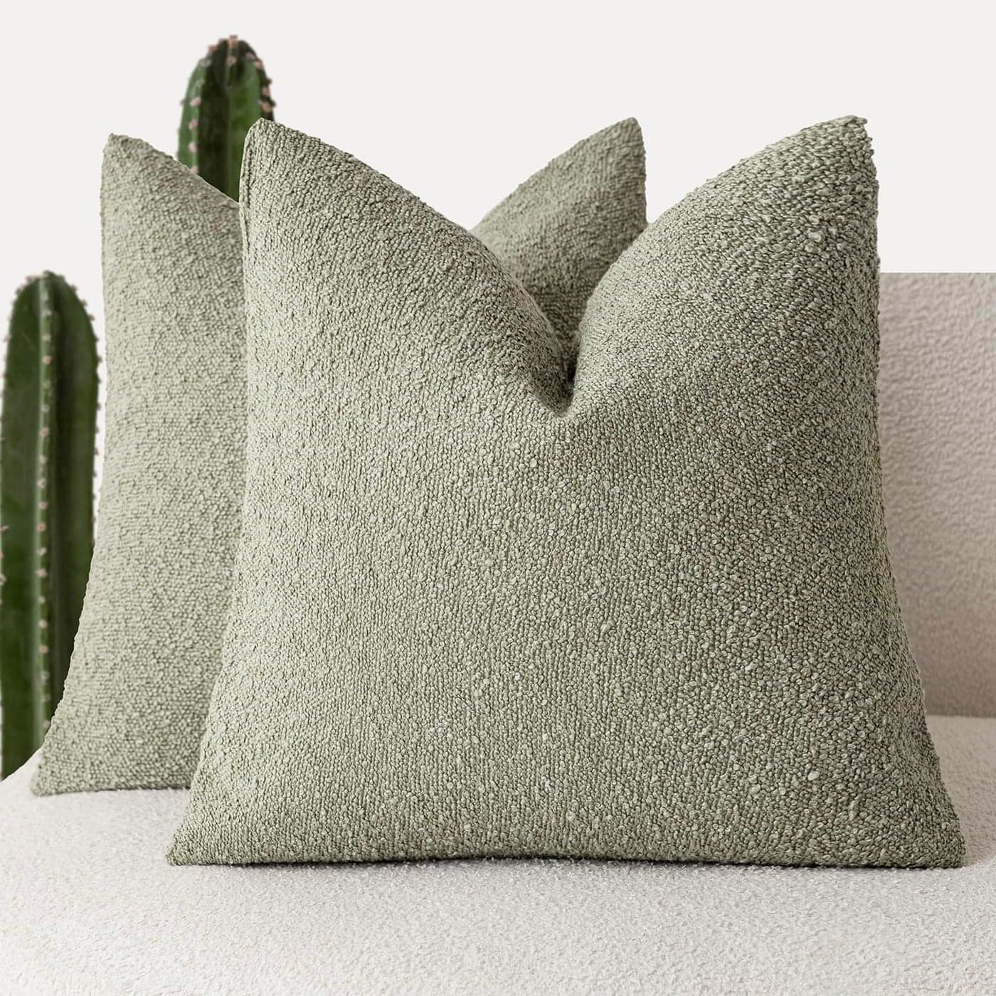 Foindtower Set of 2 Decorative Textured Boucle Throw Pillow Covers Accent Solid Pillow Cases Neutral Soft Couch Cushion Case for Chair Sofa Bedroom Living Room Home Decor 16x16 Inch Dirty Sage Green