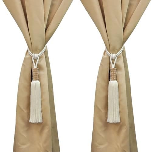 MALOINTEX 2 Pack Curtain Glitter Tassels Tiebacks Tie-Backs, Curtain Handmade Holdbacks, Festive Tassel Tiebacks Polyester Shimmer Curtain Tieback - Cream Off White