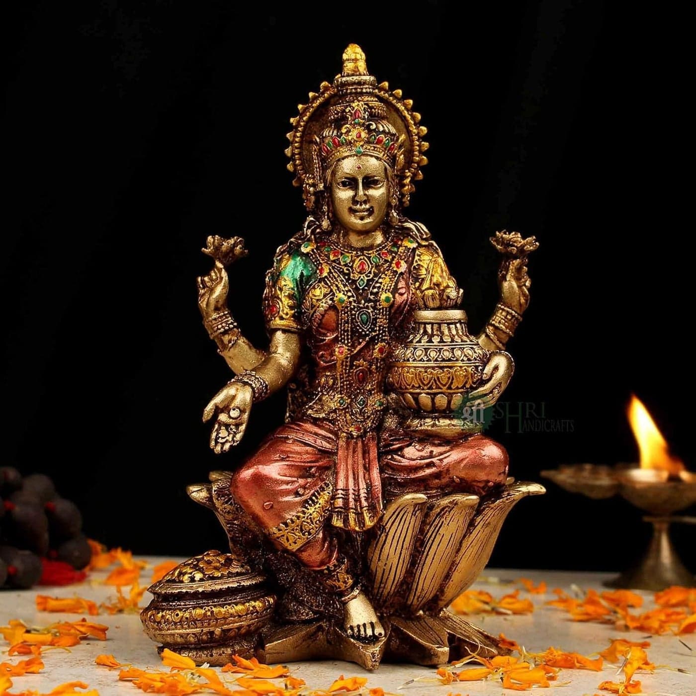 Indicast Cold Cast Resin Laxmi Showpiece for Puja Room and Temple Antique Decor7 Inches Metal Finish Copper