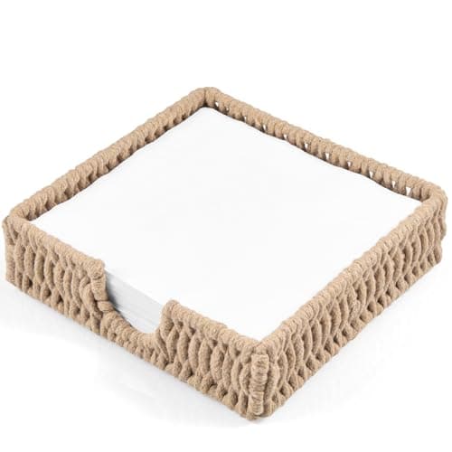 Napkin Holder for Table, Woven Cotton Rope Napkin Holders For Paper Napkins, Wicker Napkin Holders for Kitchen Dinner Table Boho Decor and Accessories, Square Napkin Basket and Serving Tray