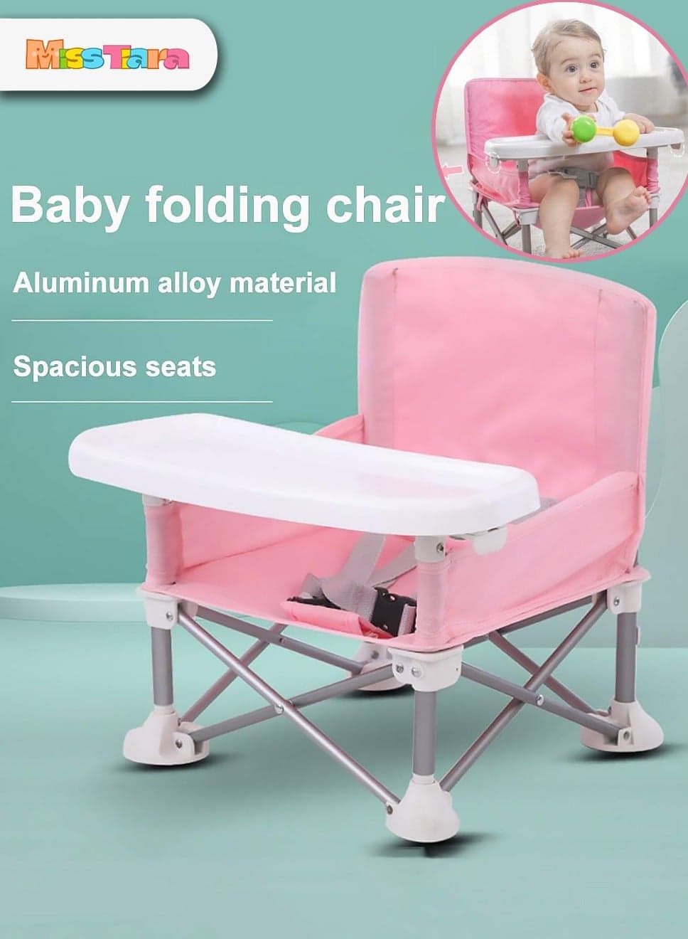Baby Seat Booster High Chair ,Space Saver High Chair , Portable High Chair , Folding Booster Feeding Chair ,with Travel Bag (Pink)