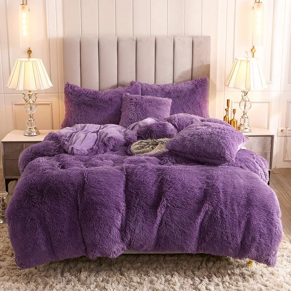 Uhamho Faux Fur Velvet Fluffy Bedding Duvet Cover Set Down Comforter Quilt Cover with Pillow Shams Ultra Soft Warm Queen Purple