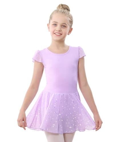 Stelle Ballet Leotards for Girls Dance Leotard with Shiny Skirt Toddler Pink Ballet Outfit Ruffle Sleeve Kids Dance Dress (Lavender,4-5 Years)