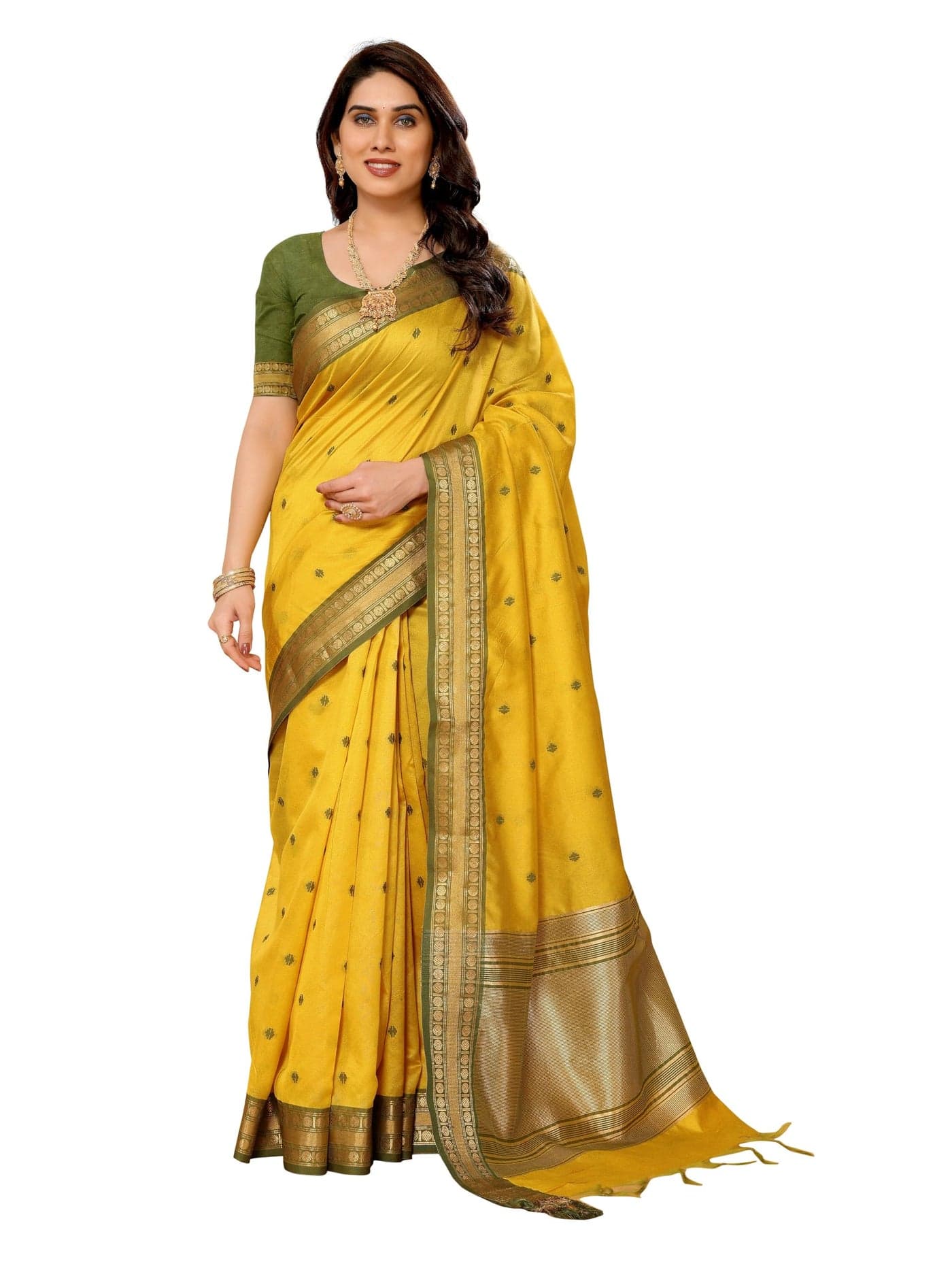 Sidhidata Women's Cotton Silk Jacquard Boardered Saree With Unstitched Blouse Piece (Kalyani Mustard_Mustard_Free Size)