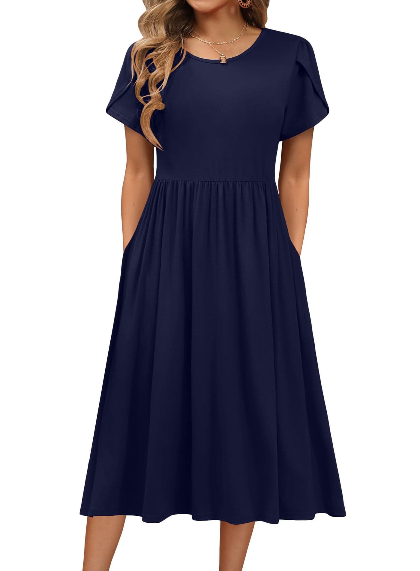 HOTOUCH Women's Casual Dresses Summer Short Sleeve Dress Crewneck Flowy Swing Dress with Pockets Plus Size Tank Dress,Navy,XX-Large