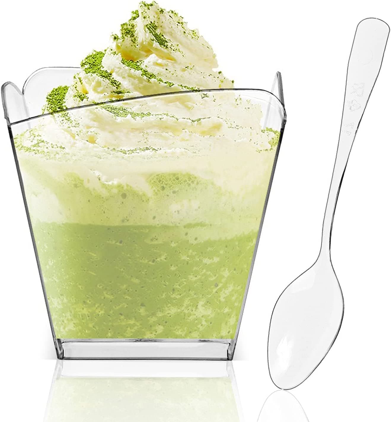 PLAZOTTA 100 Pack 35 oz Clear Plastic Dessert Cups with 100 Tasting Spoons Square Parfait Appetizer Cups for Party Weddings