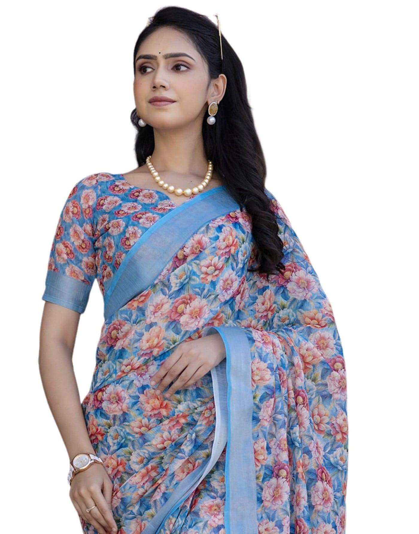 SIRIL Women's Cotton Linen Floral Print One Minute Ready to Wear Saree With Unstitched Blouse Piece (53RS116_Blue)
