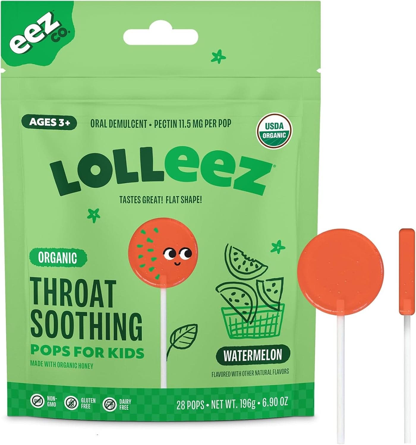 Lolleez Organic Lollipops for Kids Sore Throat Relief, Watermelon Perfect for Soothing A Sore Throat While Tasting Great, Watermelon Flavor, 28 Count