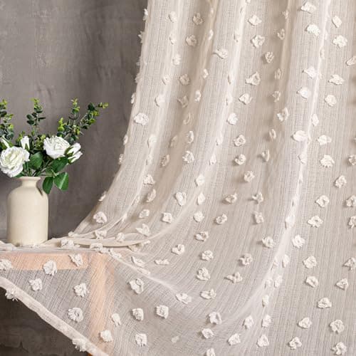 MYSKY HOME Pom Pom Beige Sheer Curtains for Bedroom Girls Room Curtains 84 Inches Long for Nursery Kids Light Filtering Boho Window Drapes, Rod Pocket, 52" Wide, 2 Panels