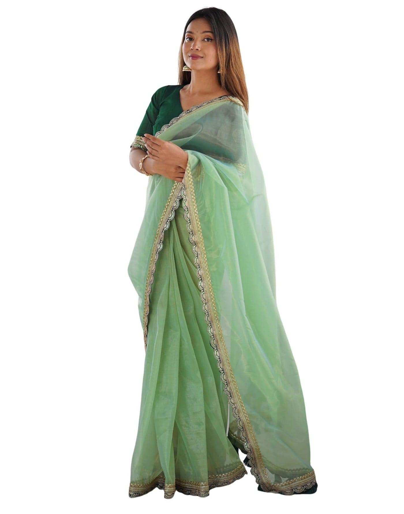SIRIL Women's Shimmer Net Lace Border Dual Tone Saree with Unstitched Blouse Piece (4001S332_Light Green)