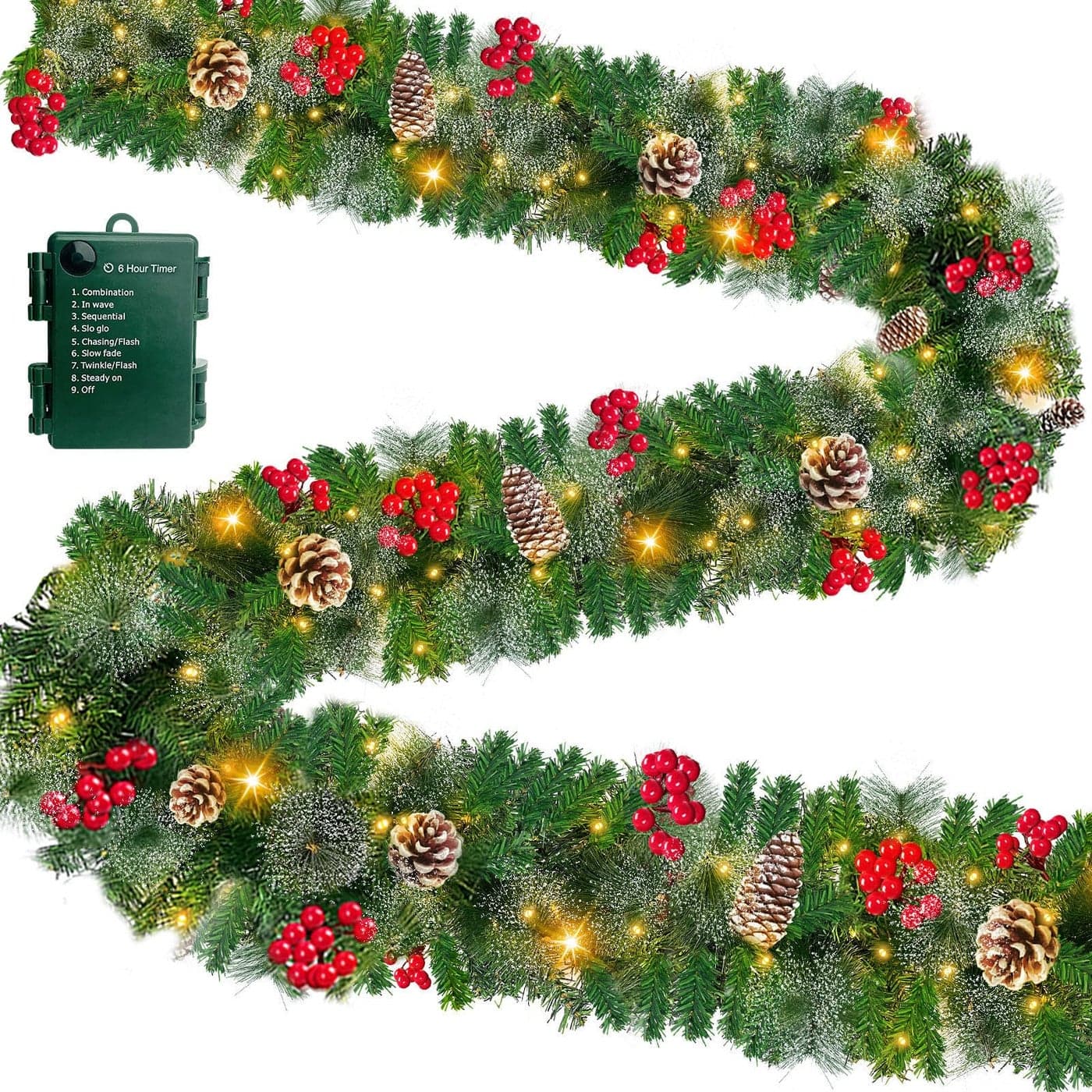 Timer 8 Modes 9 Ft Prelit Christmas Garland 50 LED Warm White Lights Cedar Valentines Garland Battery Operated 270 Thick Branch Bristle Pine 70 Red Berries 10 Pinecones Mantle Home Decor Outdoor