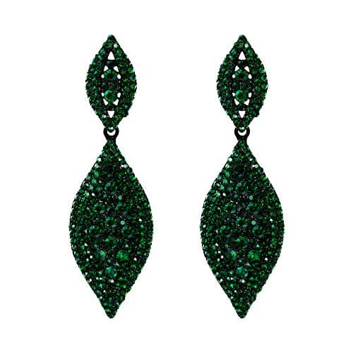 Flyonce Emerald Green Earrings for Women, Sparkly Dark Green Rhinestone Crystal Large Long Teardrop Dangle Chandelier Earring Costume Statement Jewelry for Wedding Party Pageant Gala Black-Tone