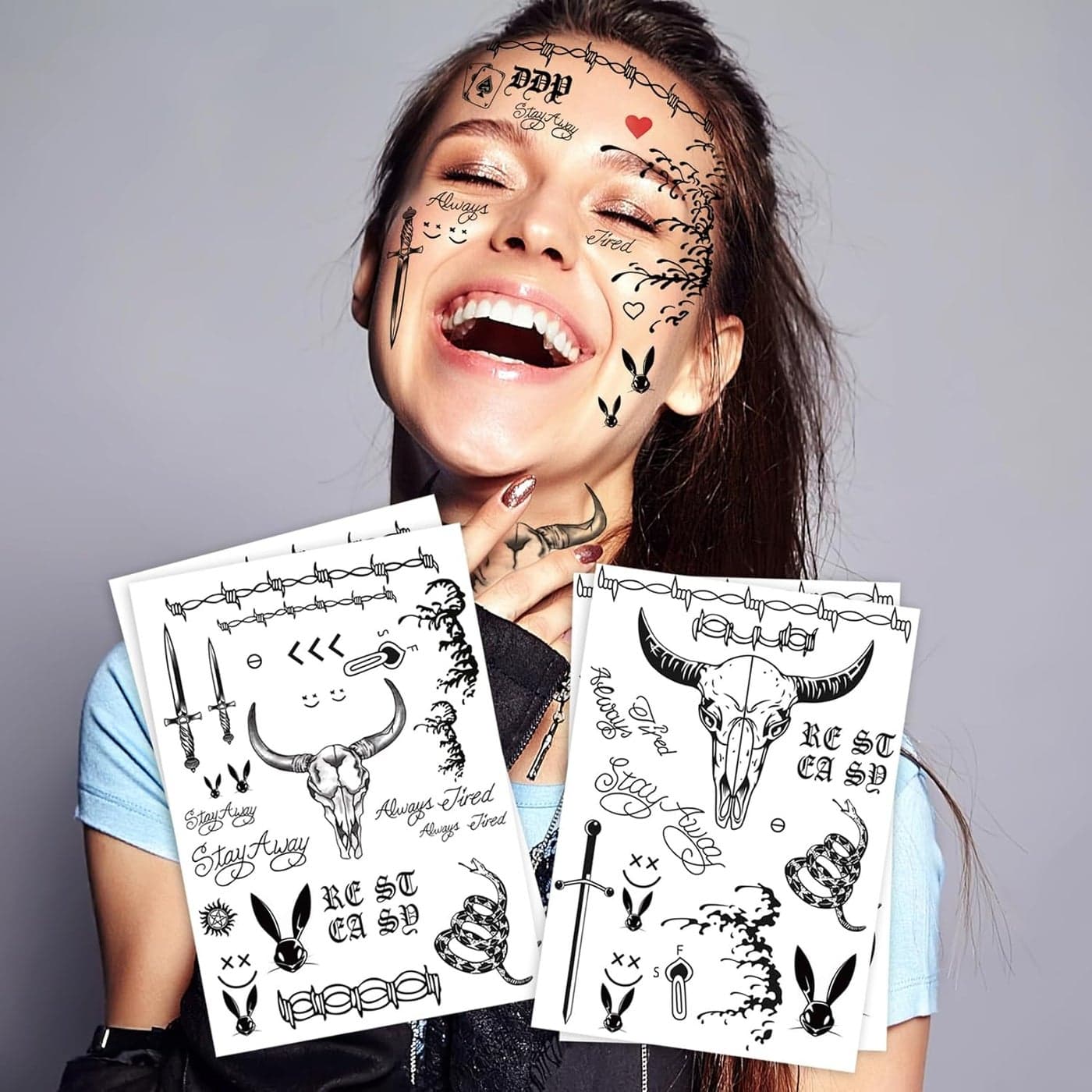 Cosplay Male Rap Artist-Inspired Temporary Tattoos – Hand and Face Tattoo Stickers for Men, Women, and Kids – Fake Tattoos for Cosplay, Halloween, and Music Festival – 4 Sheets