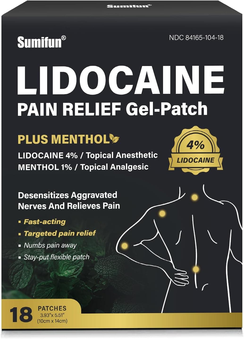 Sumifun 4 Lidocaine Patches Plus 1 Menthol Pain Relief Patches Maximum Strength Lidocaine Back Pain Relief Products for Neck Knee Joint Pain Nerve Shoulder Pain Relief Large Count 18