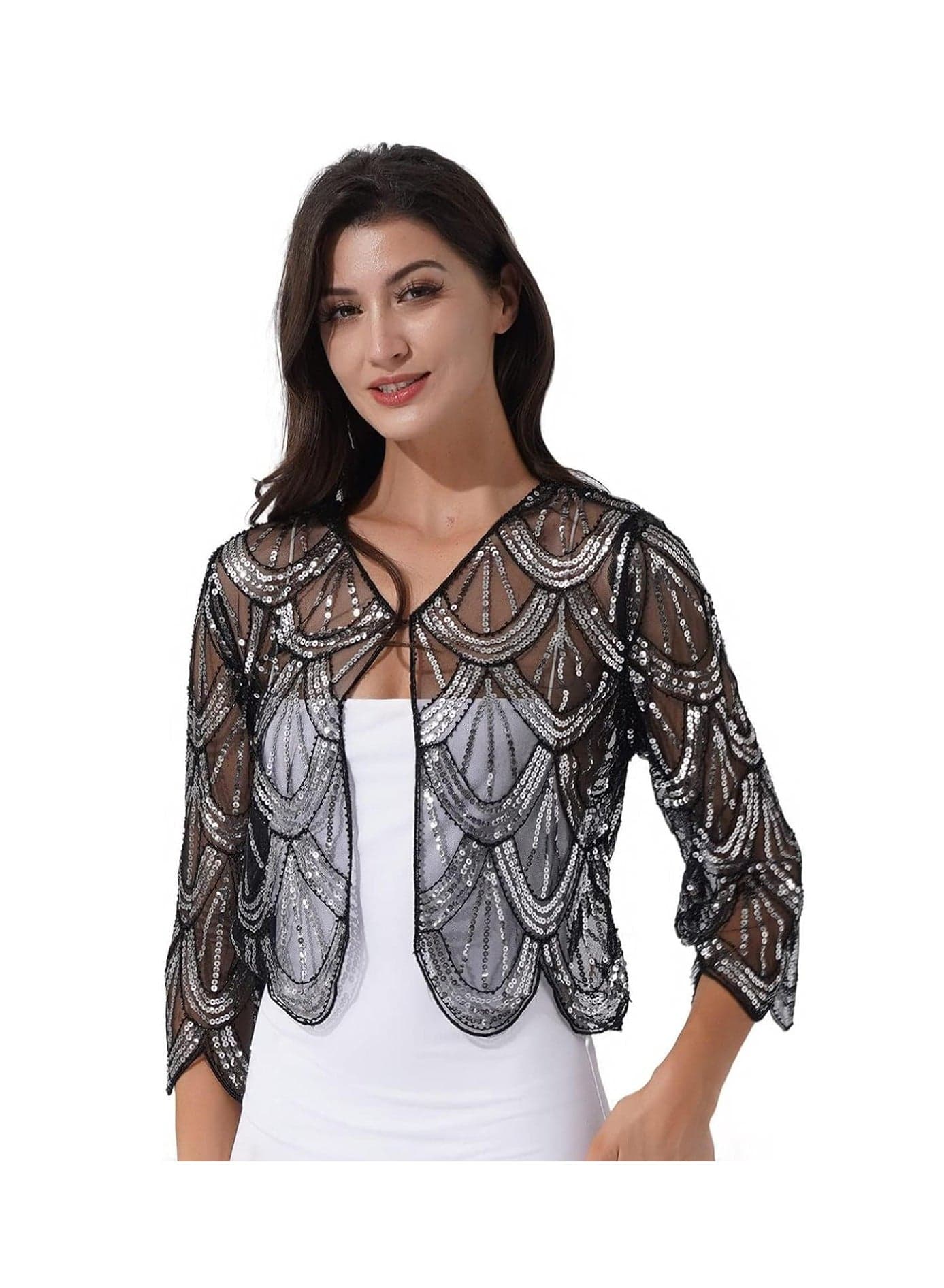 Women 1920s Sequined Shawl Wraps, Long Sleeve Evening Cape Flapper Bolero Shrug, Women's Sequin Beaded Art Deco Vintage Shawl Bolero Wraps