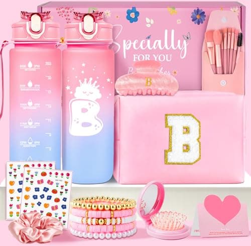 Awfrky Initial Makeup Bag - Birthday Gifts for Girls 4 5 6 7 8 9 10 11 12 Year Old Teen Girls, Personalized Teen Girl Gifts - Preppy Cosmetic Bags Cute claw clips for Kids Women (Pink B)