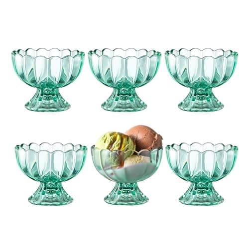 KMwares 6PCs Set 5oz Small Cute Footed Tulip Glass Dessert Bowls/Cups - Perfect for Dessert, Sundae, Ice Cream, Fruit, Salad, Snack, Cocktail, Condiment, Trifle and Christmas Holiday Party (Green)
