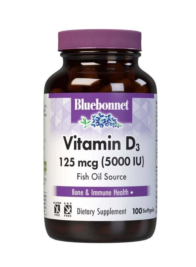 Bluebonnet Nutrition Vitamin D3 5000 IU Softgels, Aids in Muscle and Skeletal Growth, Cholecalciferol from Fish Oil, Non GMO, Gluten, Soy & Dairy Free, Yellow, 100 Count