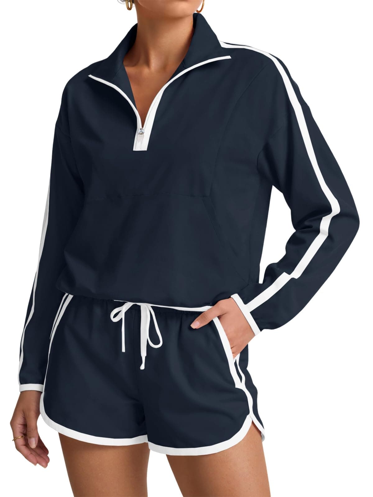 Fisoew Womens 2 Piece Outfits Sets Half Zip V Neck Long Sleeve Pullover Tops Shorts Casual Tennis Running Tracksuits