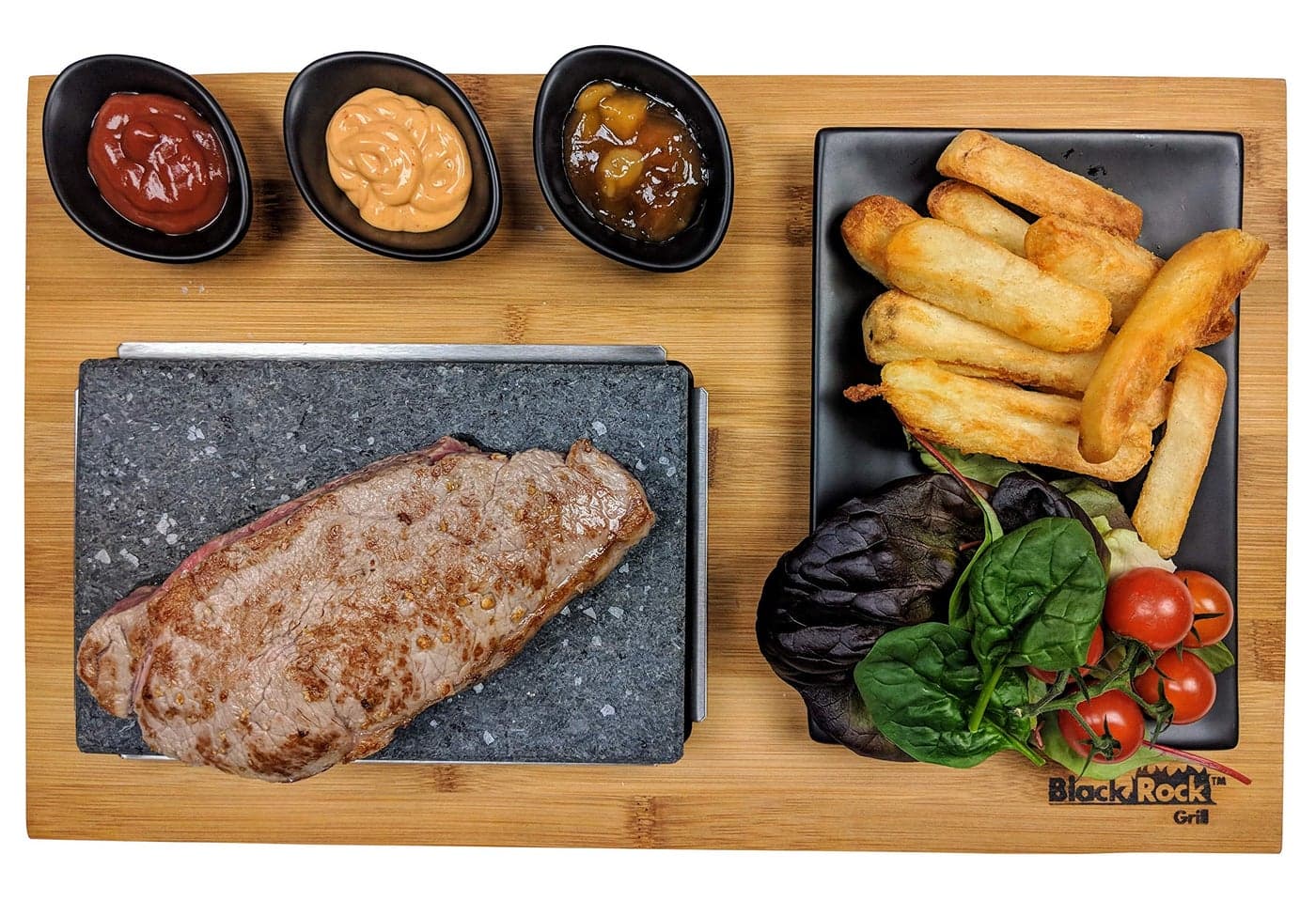 Black Rock Grill Steak Stone Hot Stone Grill Sizzling Hot Rock Indoor Grill Cooking Stone with Matt Black Ramekins and Side Plate One Standard Set