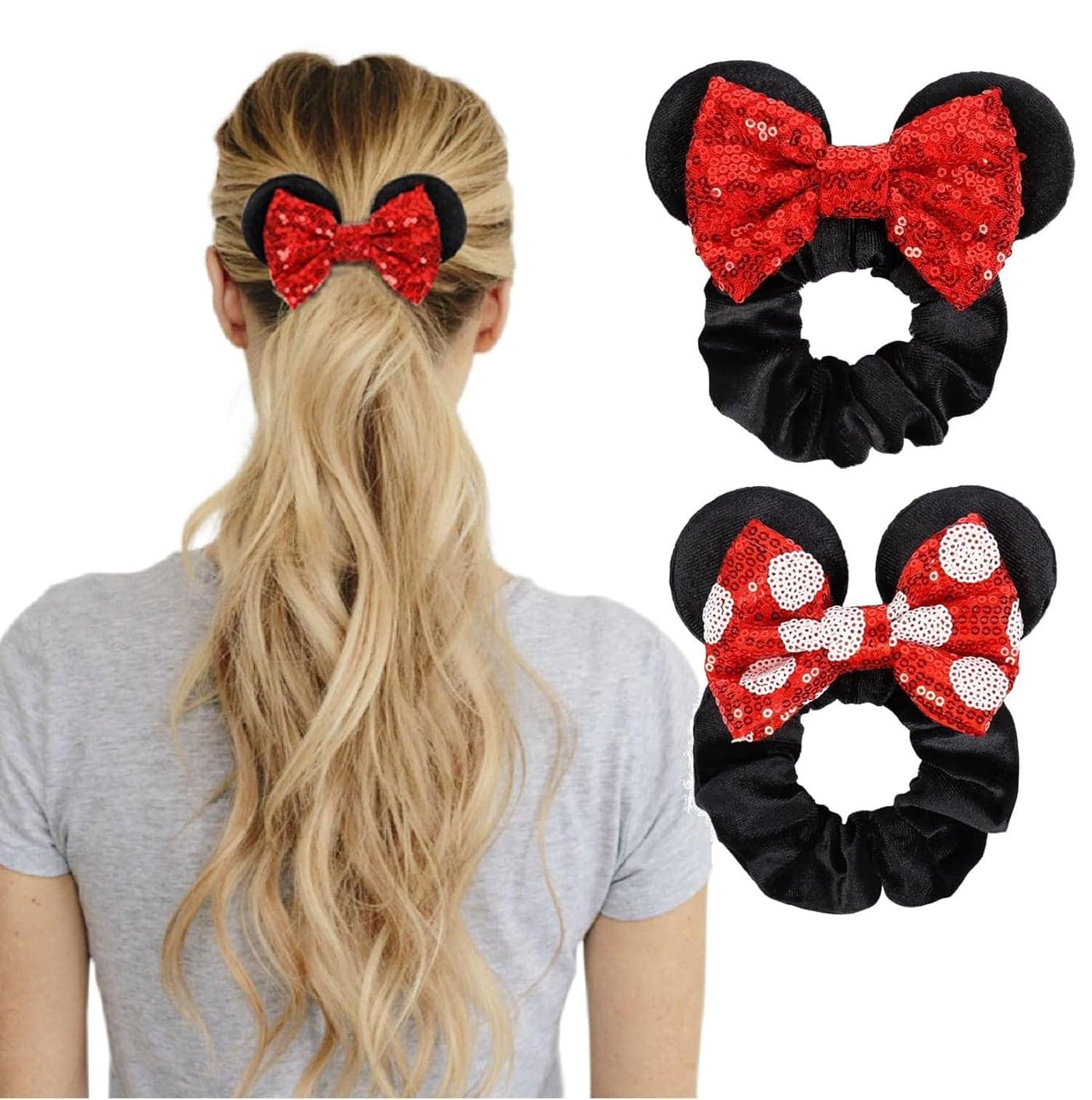 Womens Sequins Hair Bow Scrunchies Velvet Mouse Ear Hair Ties for Ponytail Party Favors Cosplay Costume Cute Accessories Red Black
