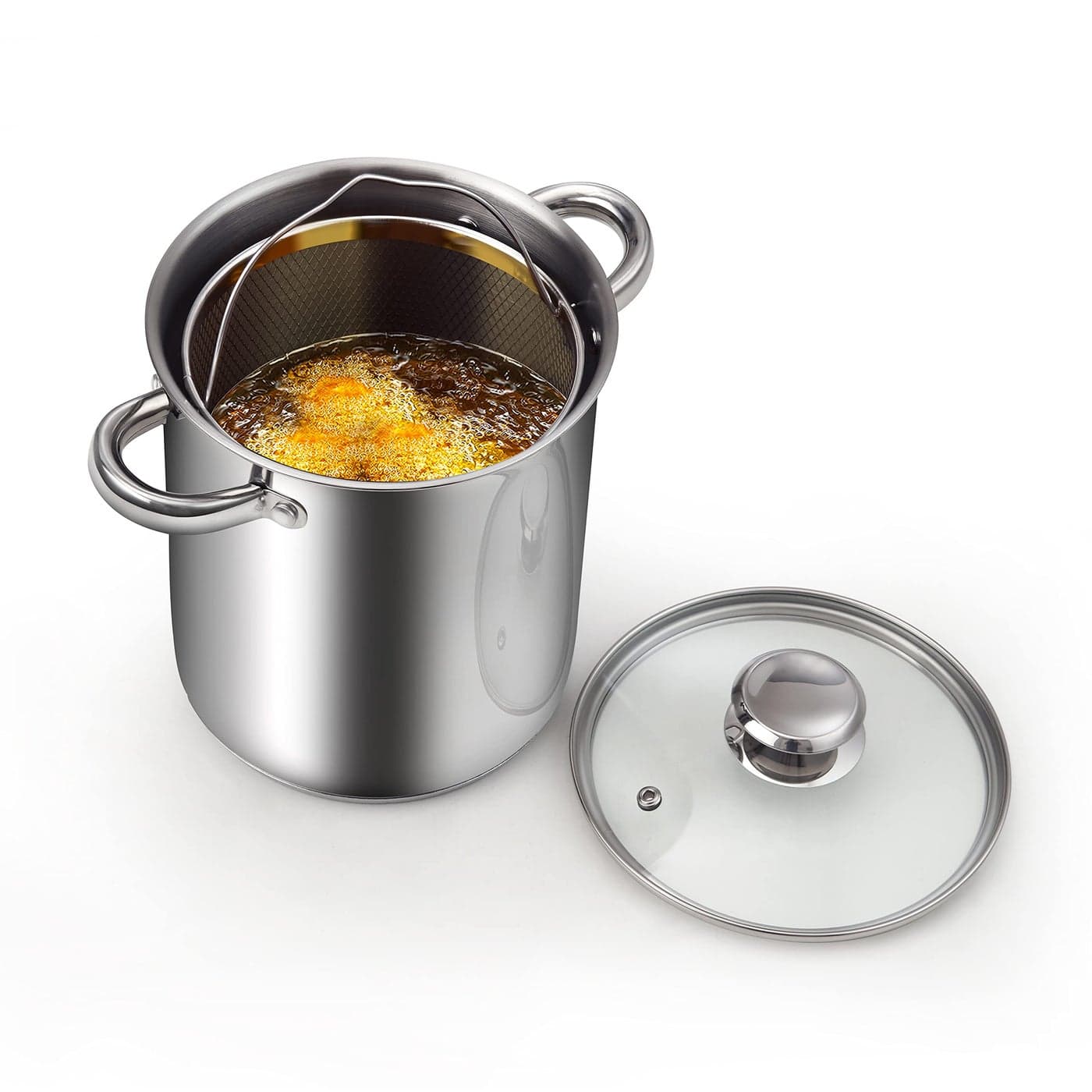 Cook N Home Deep Fryer Pot Japanese Tempura Small Stainless Steel Deep Frying Pot 304 Stainless Steel with Oil Drip Drainer Rack Glass Lid 63 inch 4Quart for Kitchen French Fries Chicken