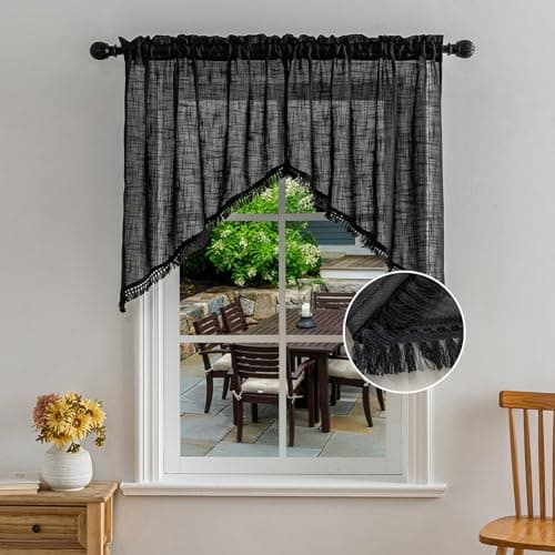 Beda Home Tassel Linen Textured Swag Curtain Valance for Farmhouses’ Kitchen; Light Filtering Rustic Short Swag Topper for Small Windows Bedroom Privacy Added Rod Pocket Design (Black 36x36-2PCs)
