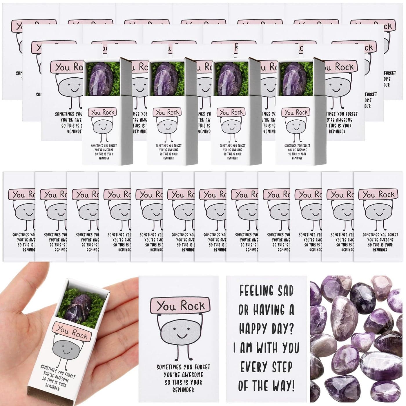 Wonderjune 36 Sets Emotional Support You Rock Gifts for Employee Appreciation Gifts Smile Resin Stone with Card Staff Appreciation Gift Bulk Thank You for Employee Teacher Volunteer Classroom Student