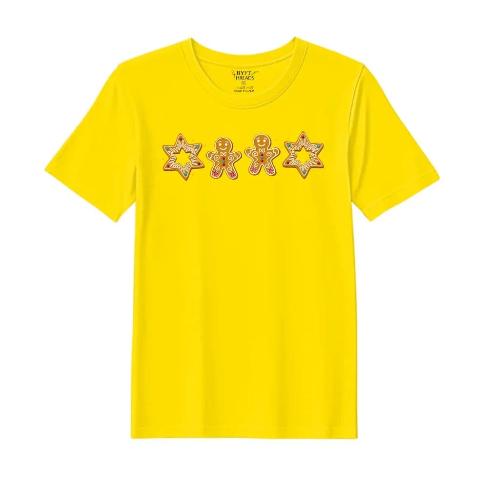 BYFT Threads Medium Yellow Polycotton T-Shirt - Christmas "Gingerbread Star" Printed Design, Premium Holiday Collection
