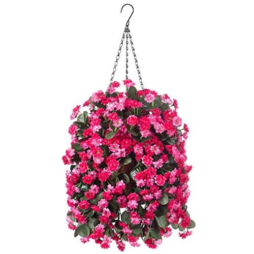 Ammyoo Artificial Flowers in Hanging Basket for Outdoors Indoors Decor, Artificial Mums Bush Flowers Plants with Baskets for Home Porch Garden Yard Patio Spring Summer Decoration (Rose Red)