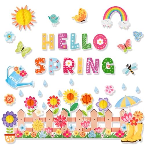 Konsait Spring Bulletin Board Decorations, 59Pcs Raindrop Flower Hello Spring Cutouts for Classroom Office Home Wall Blackboard Door Decorations
