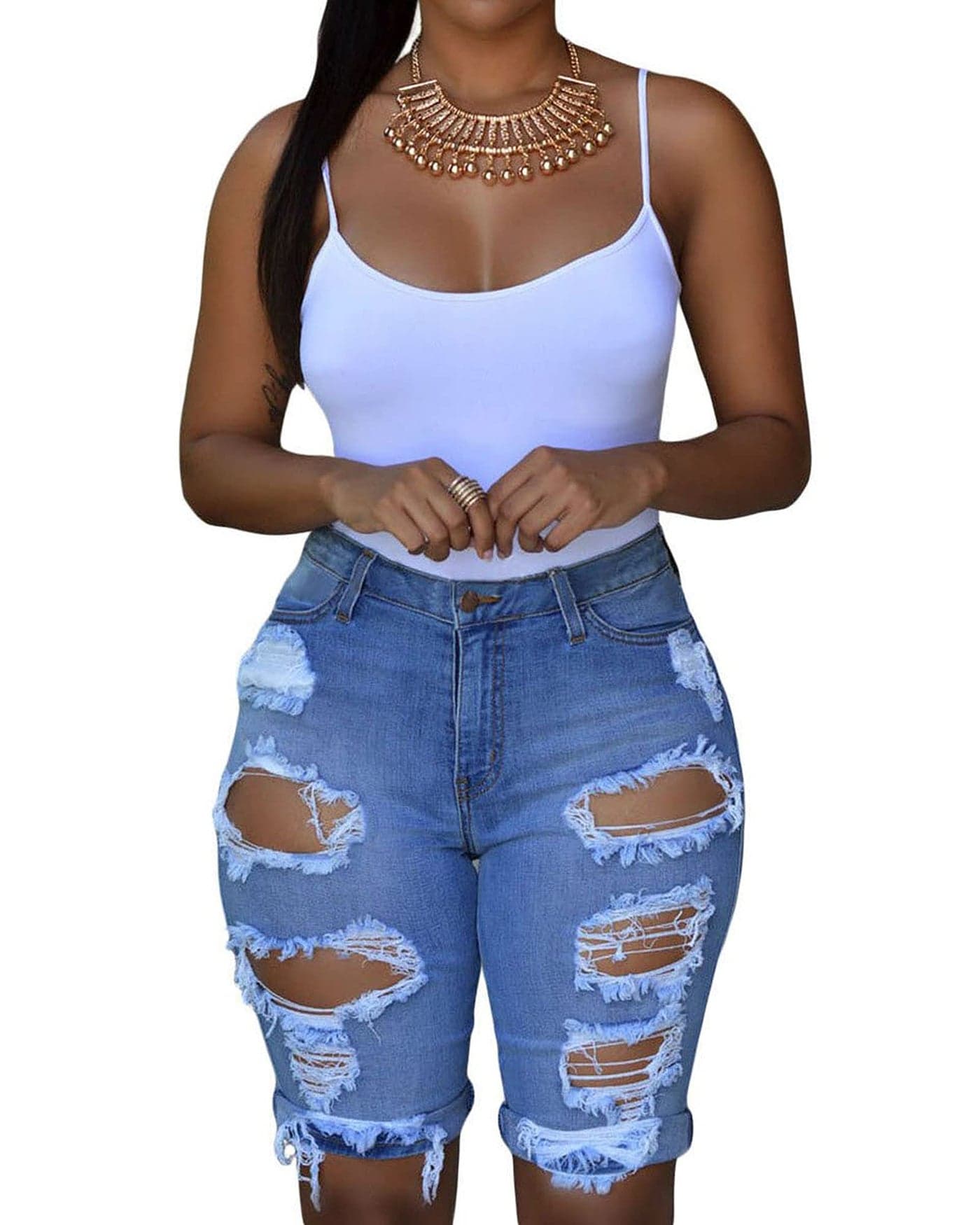 roswear Women's Ripped Denim Mid Rise Stretchy Bermuda Shorts Jeans Light Blue Large